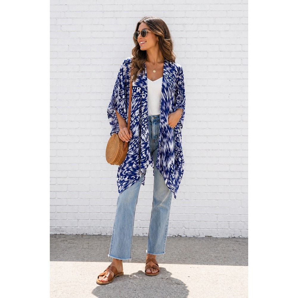 Michael Stars Blue White Kimono Boho Resort Beach Cover Up Lightweight OS - Picture 2 of 7